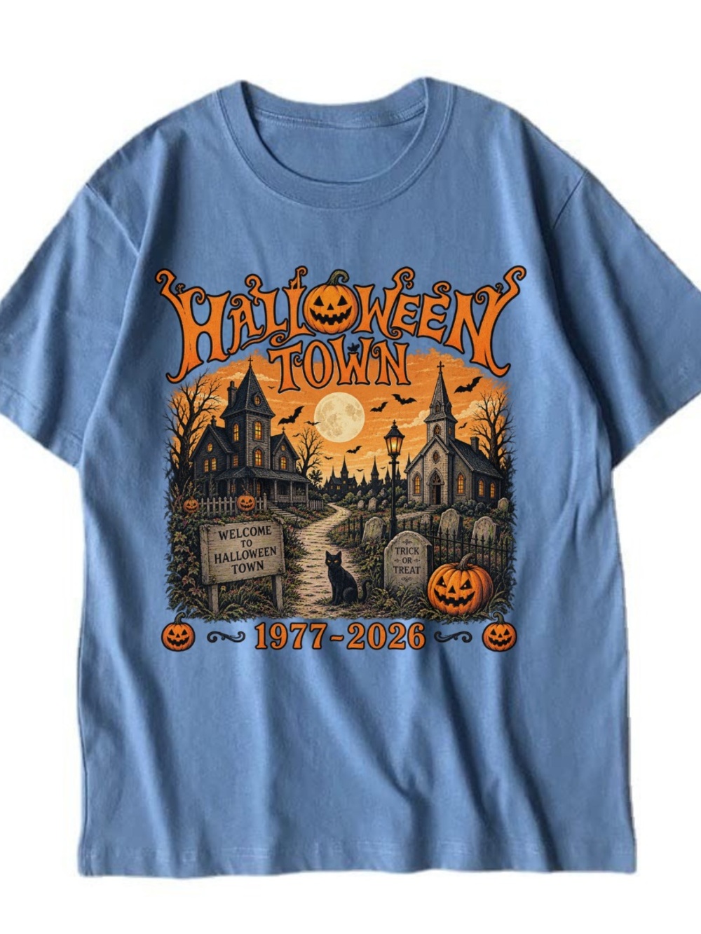 Comfort Colors Blue Halloween Town Graphic Tee, Trick Or Treat, Retro T- Shirt